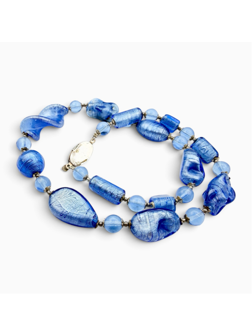 Vintage Italian Blue Art Glass Bead Necklace Silver Foil Sculptural